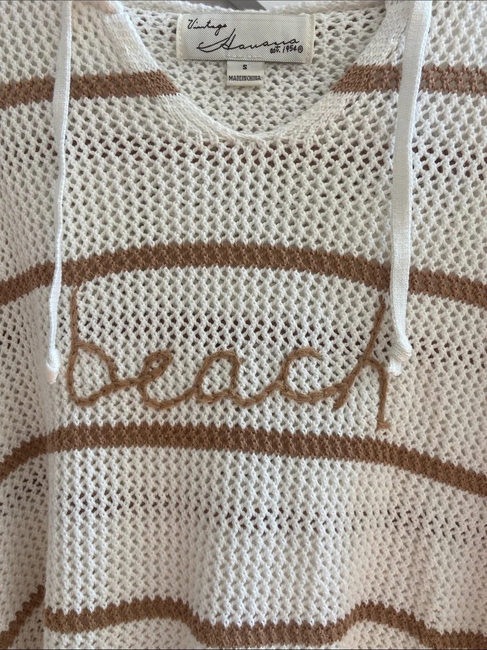 beachlunchlounge Cream & Brown Open-Knit Hoodie Sweater/ slouchy